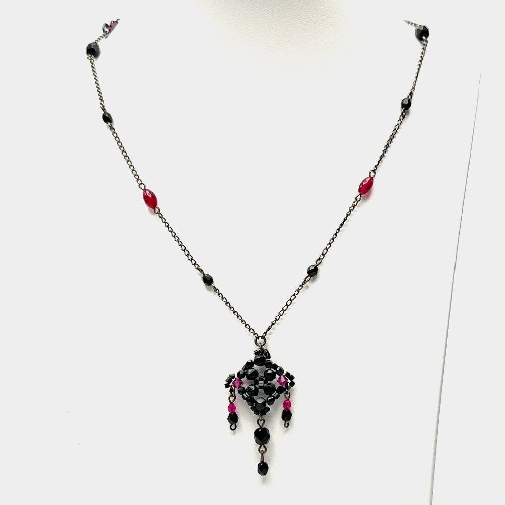 1990s Ruby & Black Crystal Pendant by Erickson Beamon — Dramatic Y Necklace— EUC